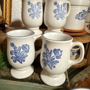 Blue Floral Stoneware Mugs Set